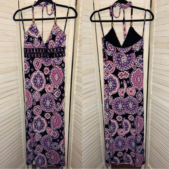 My Michelle Pink Purple Floral Geometric Print Halter Neck A Line Maxi Sundress - Picture 1 of 8